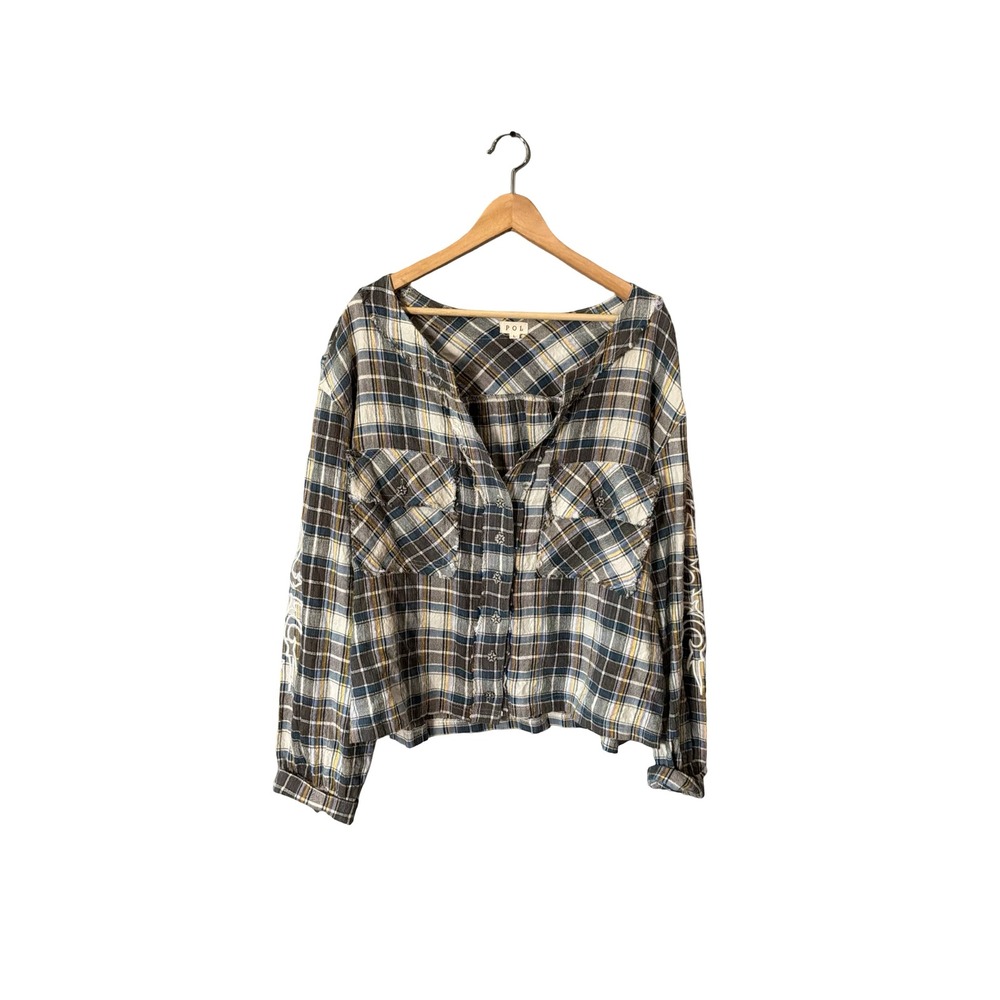 POL Womens Large Plaid Embroidered Sleeve Star Button Cropped Shirt FWT388 - Picture 2 of 7